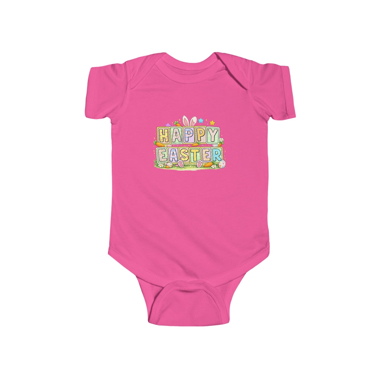 BGSM Happy Easter Baby Bodysuit — Infant Fine Jersey Easter Onesie with Colorful Block Design