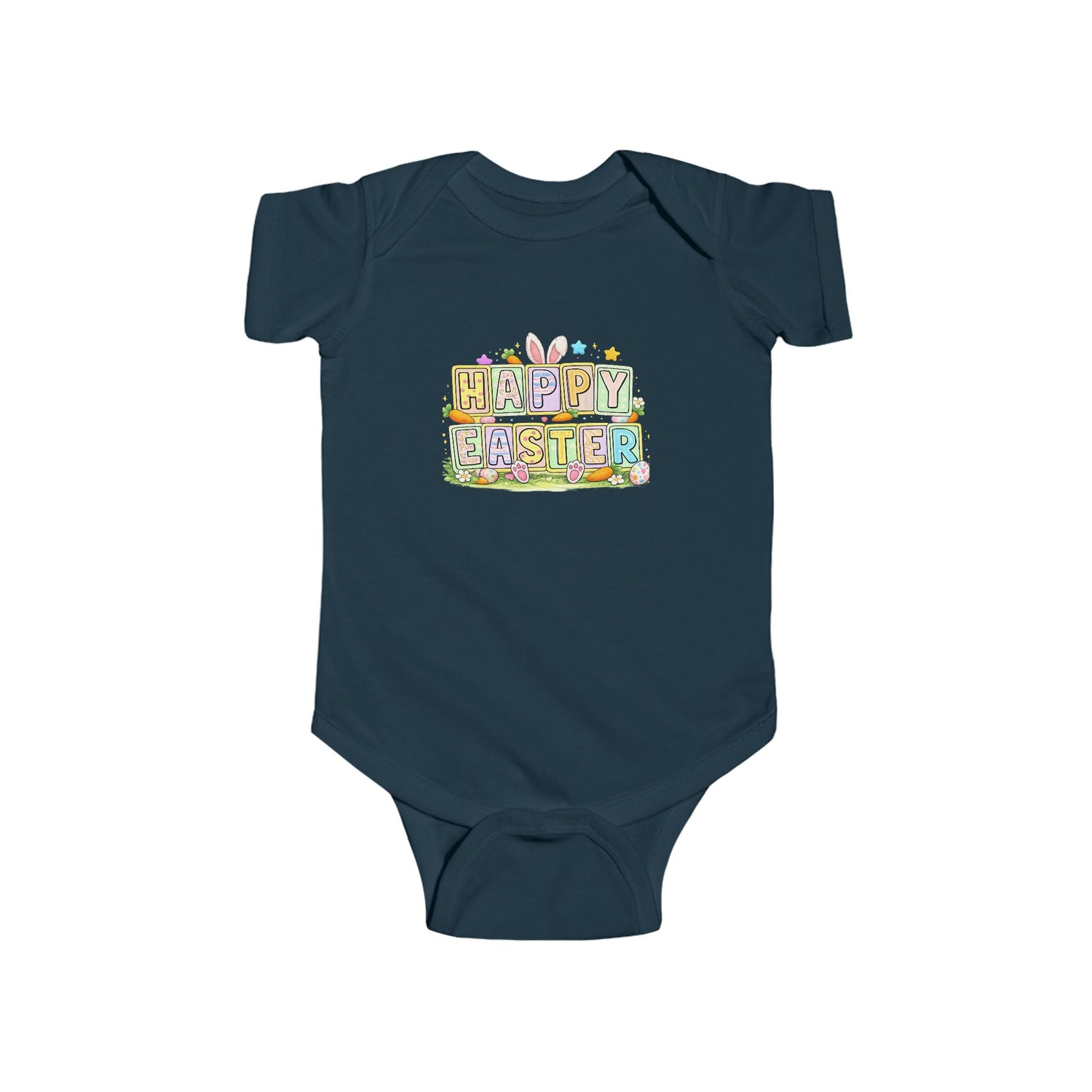 BGSM Happy Easter Baby Bodysuit — Infant Fine Jersey Easter Onesie with Colorful Block Design
