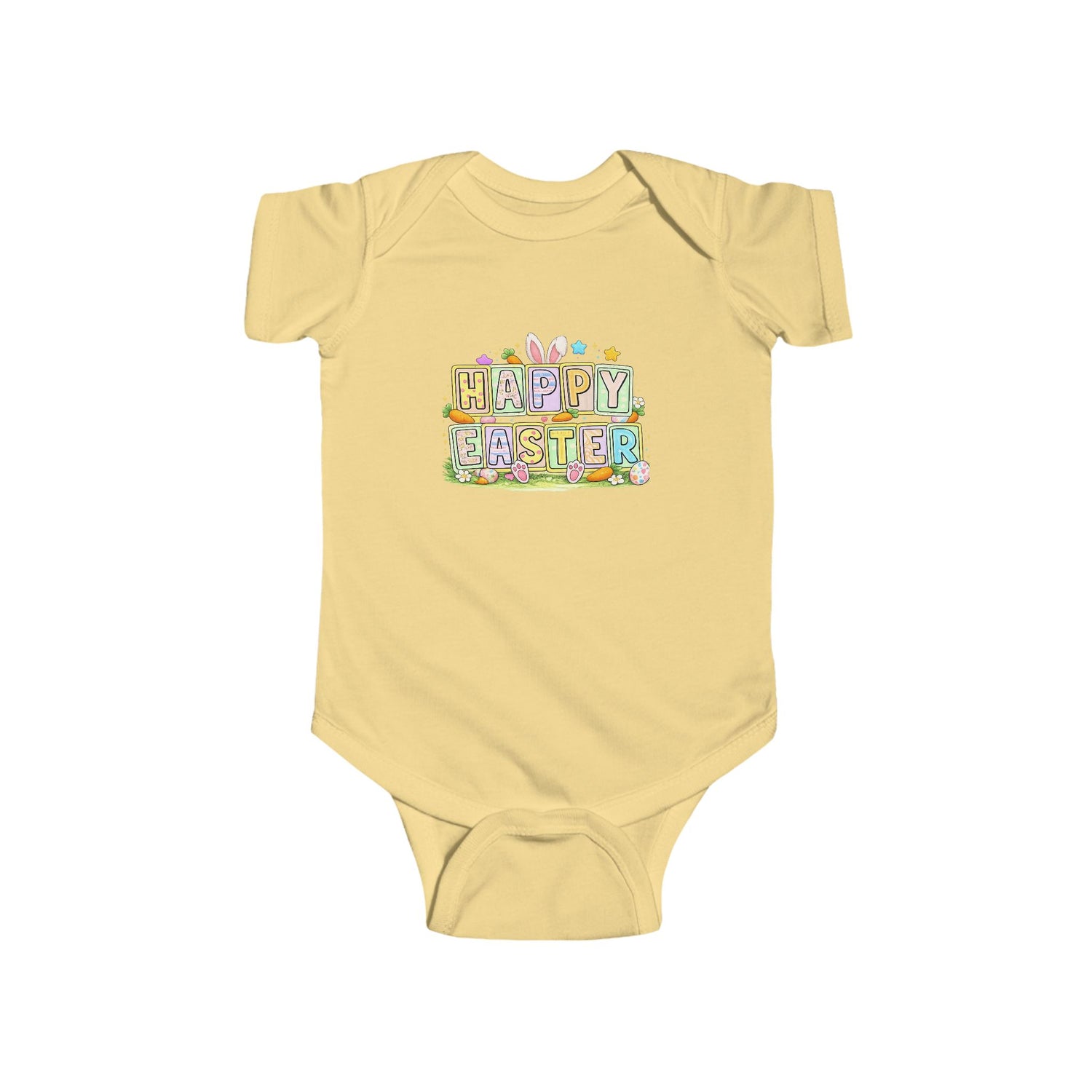 BGSM Happy Easter Baby Bodysuit — Infant Fine Jersey Easter Onesie with Colorful Block Design