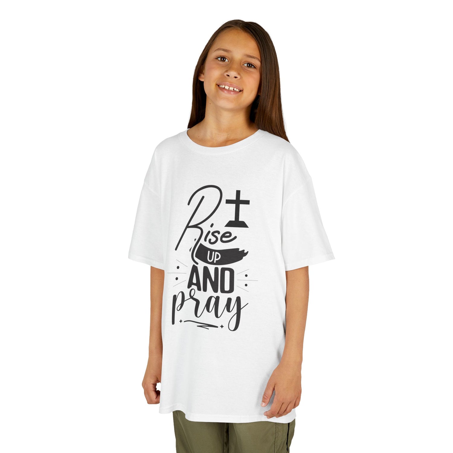Kids Tee — "Rise Up and Pray" Christian Prayer Shirt with BGSM Back Logo