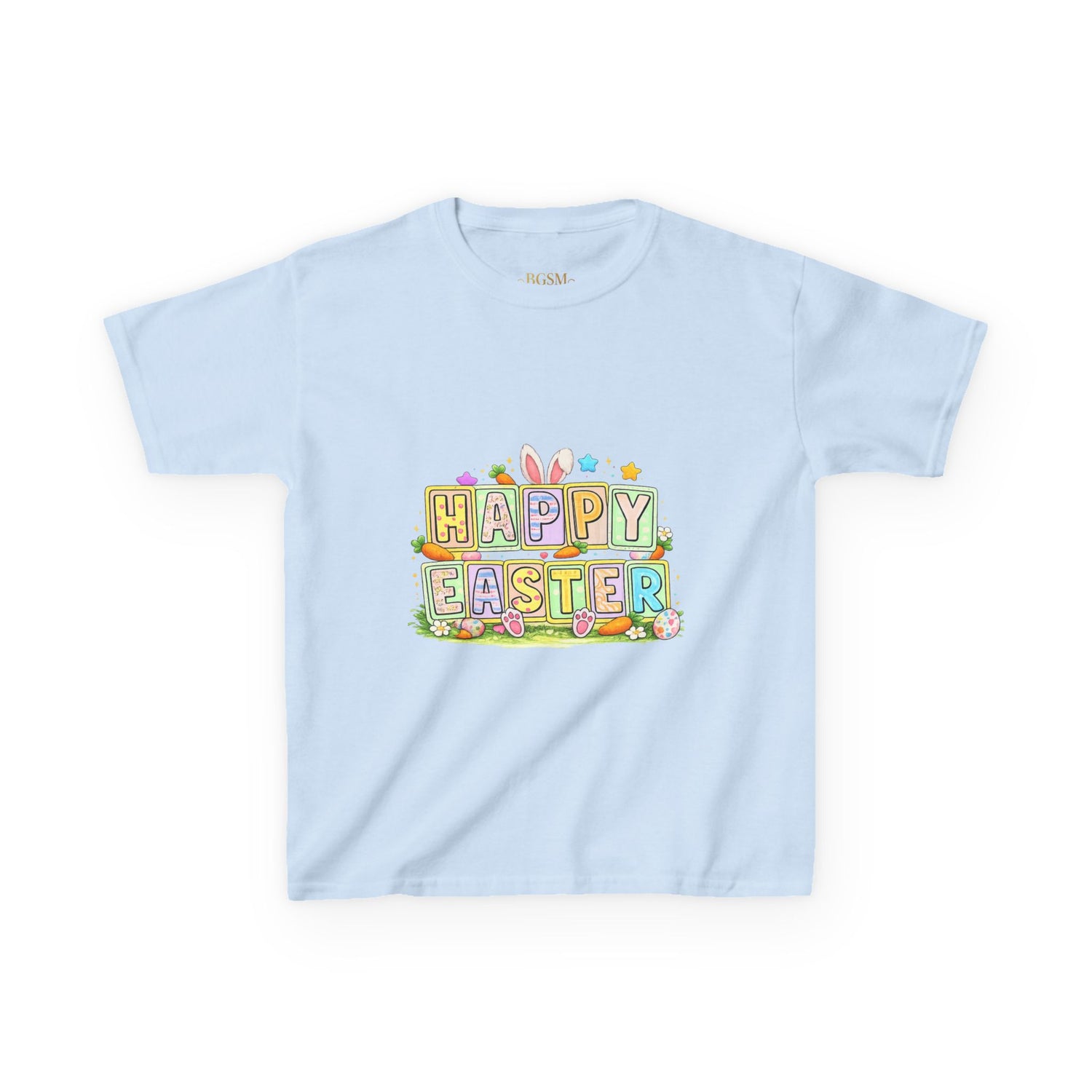 BGSM Kids T-Shirt - "Happy Easter" Colorful Block Letters Tee (Back BGSM Watercolor Accent)