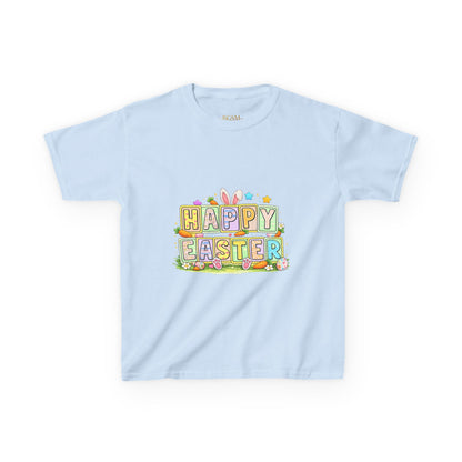 BGSM Kids T-Shirt - "Happy Easter" Colorful Block Letters Tee (Back BGSM Watercolor Accent)