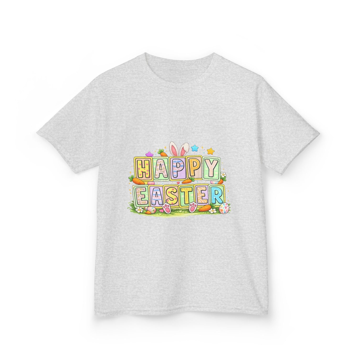 BGSM Kids T-Shirt - "Happy Easter" Colorful Block Letters Tee (Back BGSM Watercolor Accent)