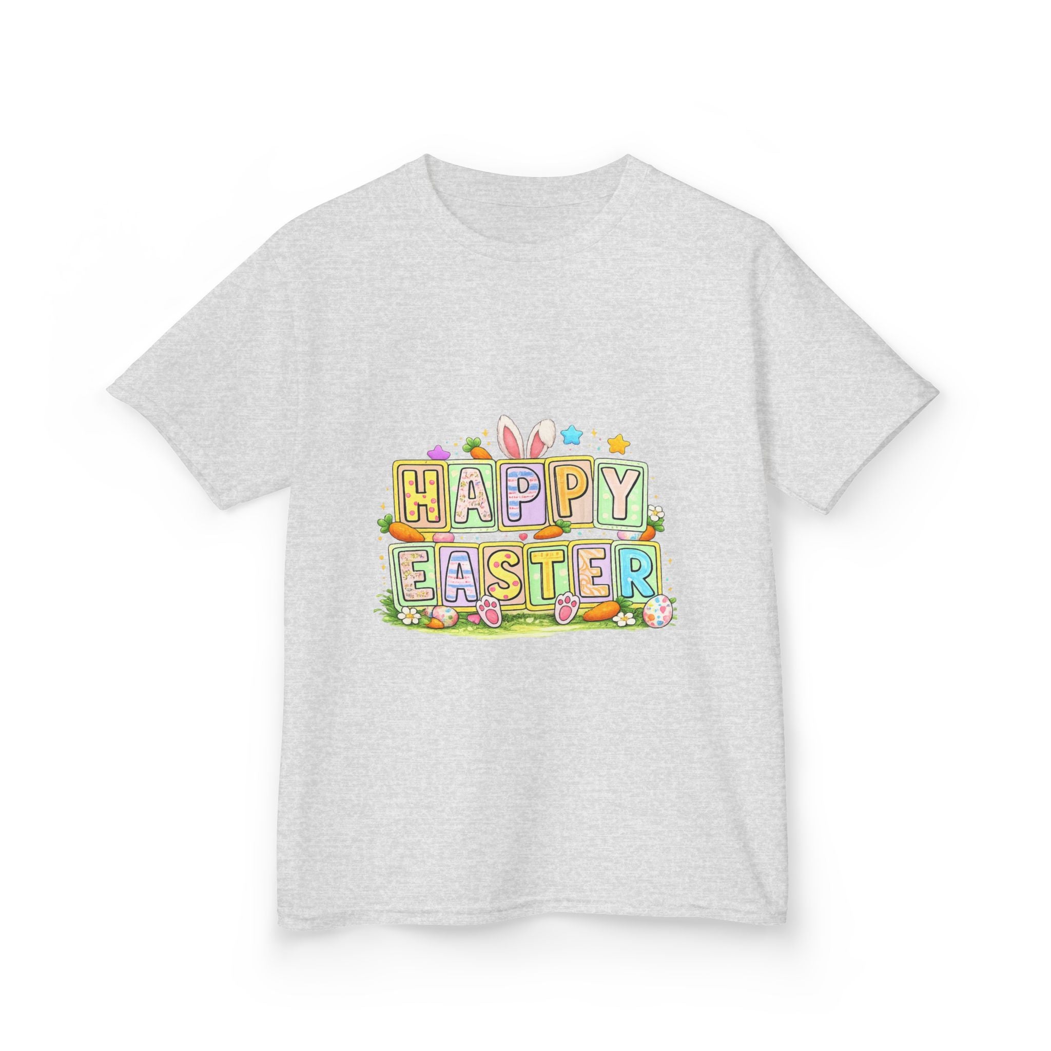 BGSM Kids T-Shirt - "Happy Easter" Colorful Block Letters Tee (Back BGSM Watercolor Accent)