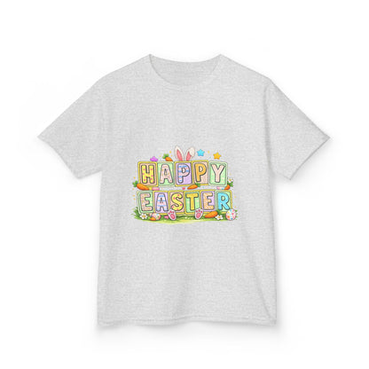 BGSM Kids T-Shirt - "Happy Easter" Colorful Block Letters Tee (Back BGSM Watercolor Accent)