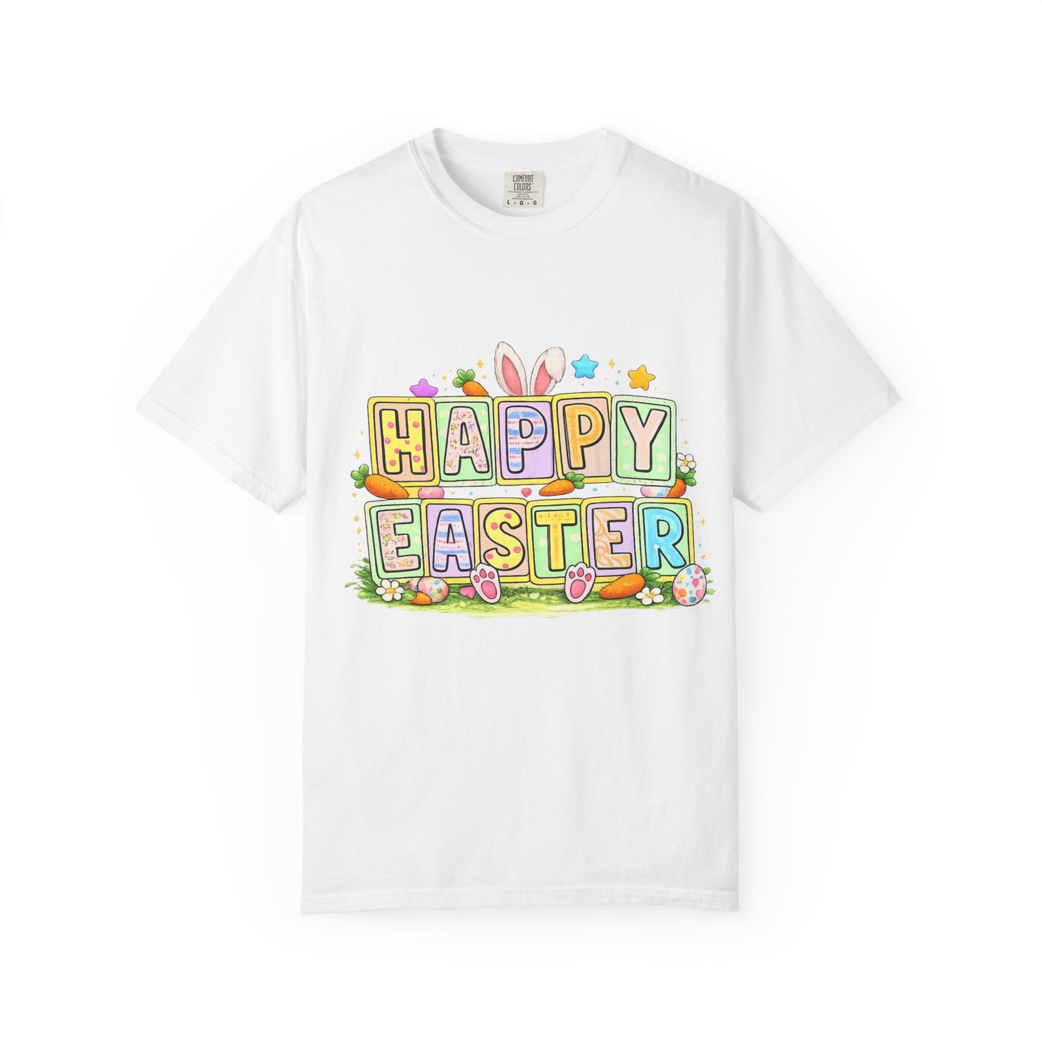Easter Block Letter T-Shirt — "Happy Easter" Pastel Bunny &amp; Egg Graphic