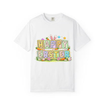 Easter Block Letter T-Shirt — "Happy Easter" Pastel Bunny &amp; Egg Graphic