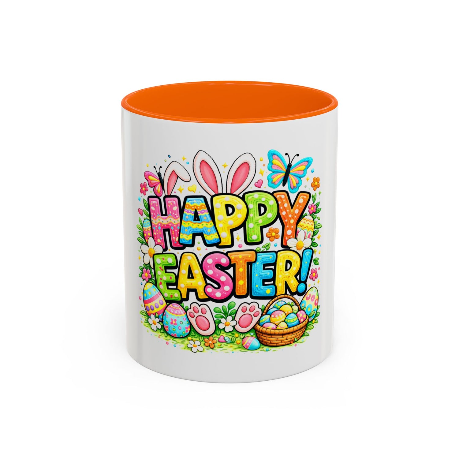 BGSM Easter Coffee Mug — Colorful "Happy Easter" Bunny &amp; Eggs Accent Mug (11/15oz)