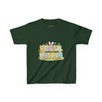 BGSM Kids T-Shirt - "Happy Easter" Colorful Block Letters Tee (Back BGSM Watercolor Accent)