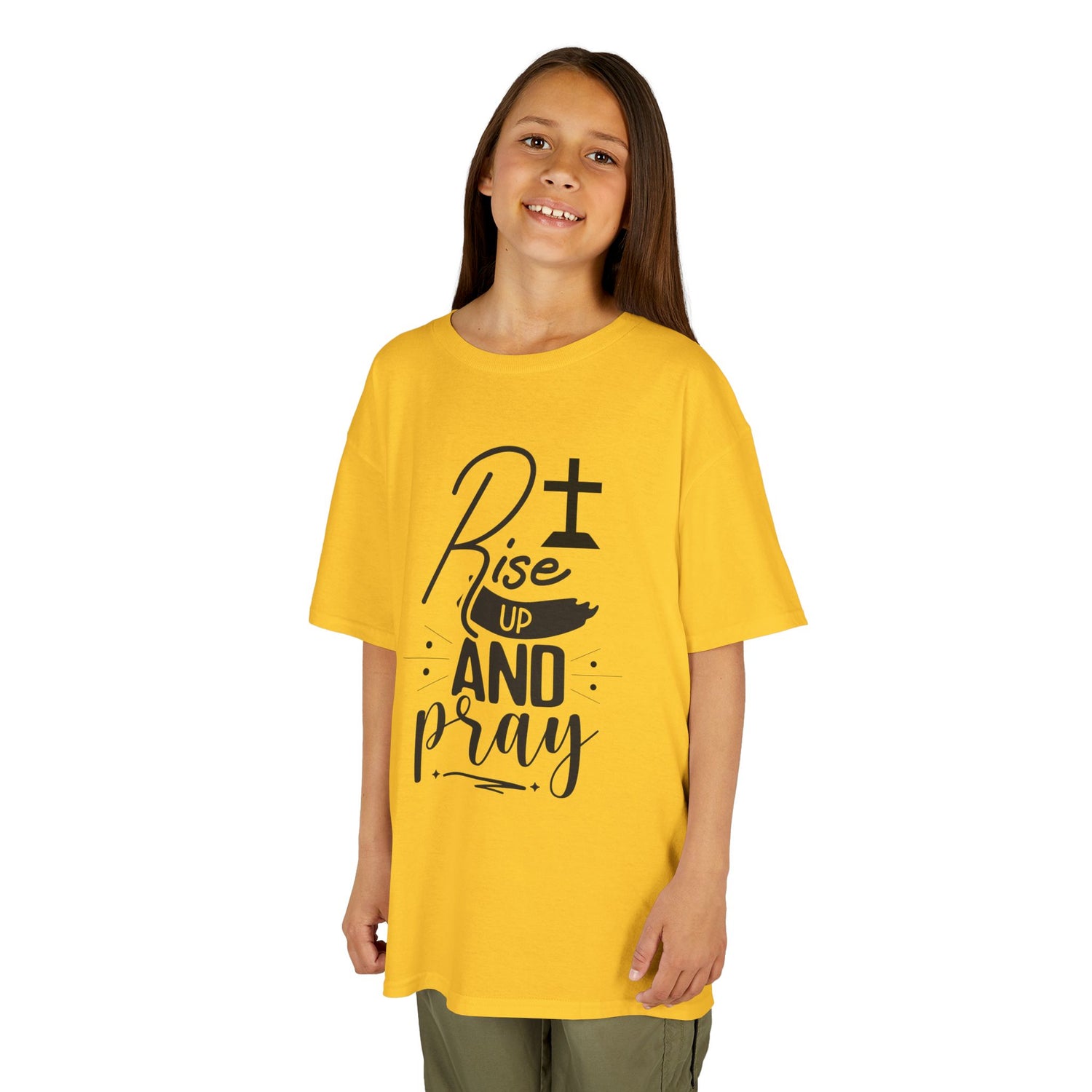 Kids Tee — "Rise Up and Pray" Christian Prayer Shirt with BGSM Back Logo