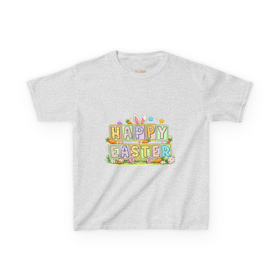 BGSM Kids T-Shirt - "Happy Easter" Colorful Block Letters Tee (Back BGSM Watercolor Accent)