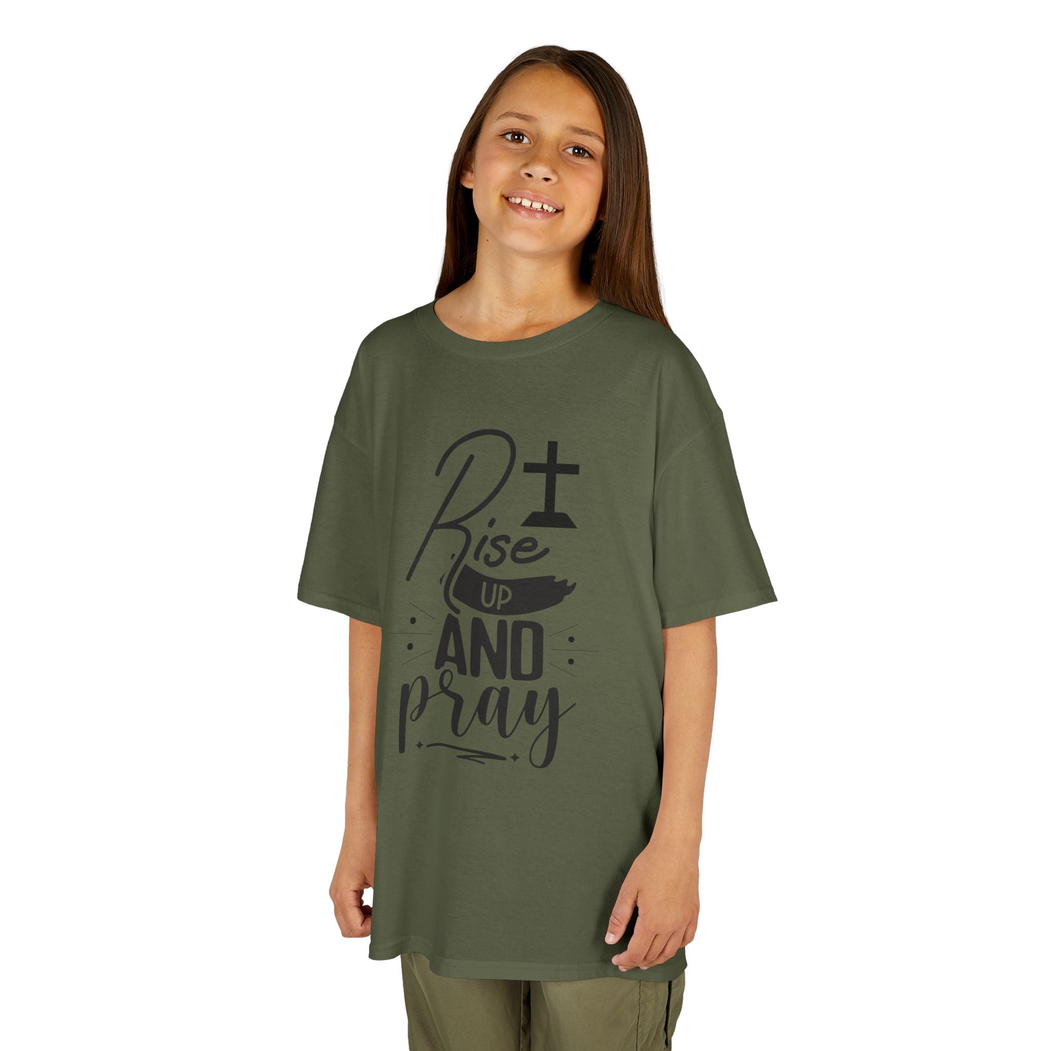 Kids Tee — "Rise Up and Pray" Christian Prayer Shirt with BGSM Back Logo