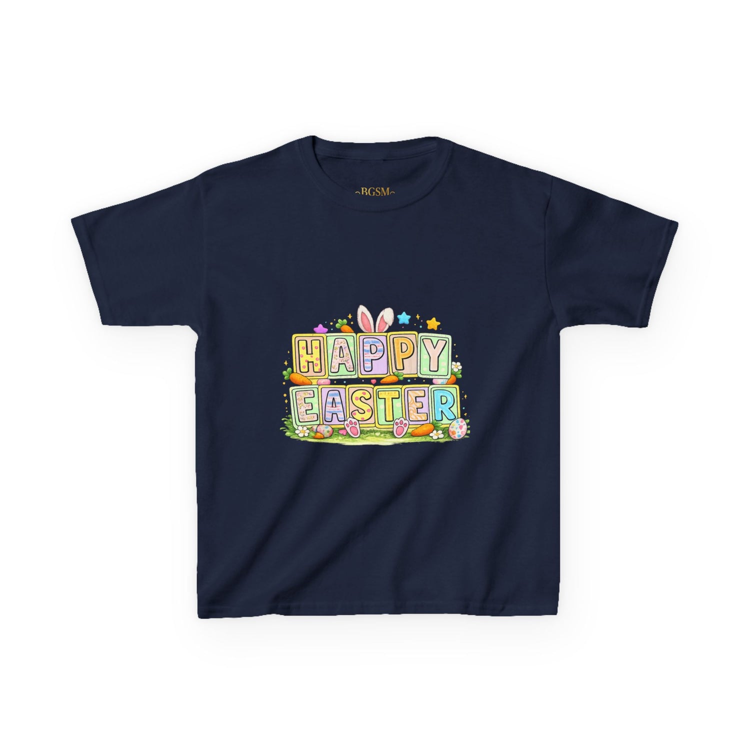 BGSM Kids T-Shirt - "Happy Easter" Colorful Block Letters Tee (Back BGSM Watercolor Accent)