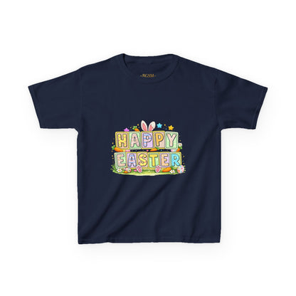 BGSM Kids T-Shirt - "Happy Easter" Colorful Block Letters Tee (Back BGSM Watercolor Accent)