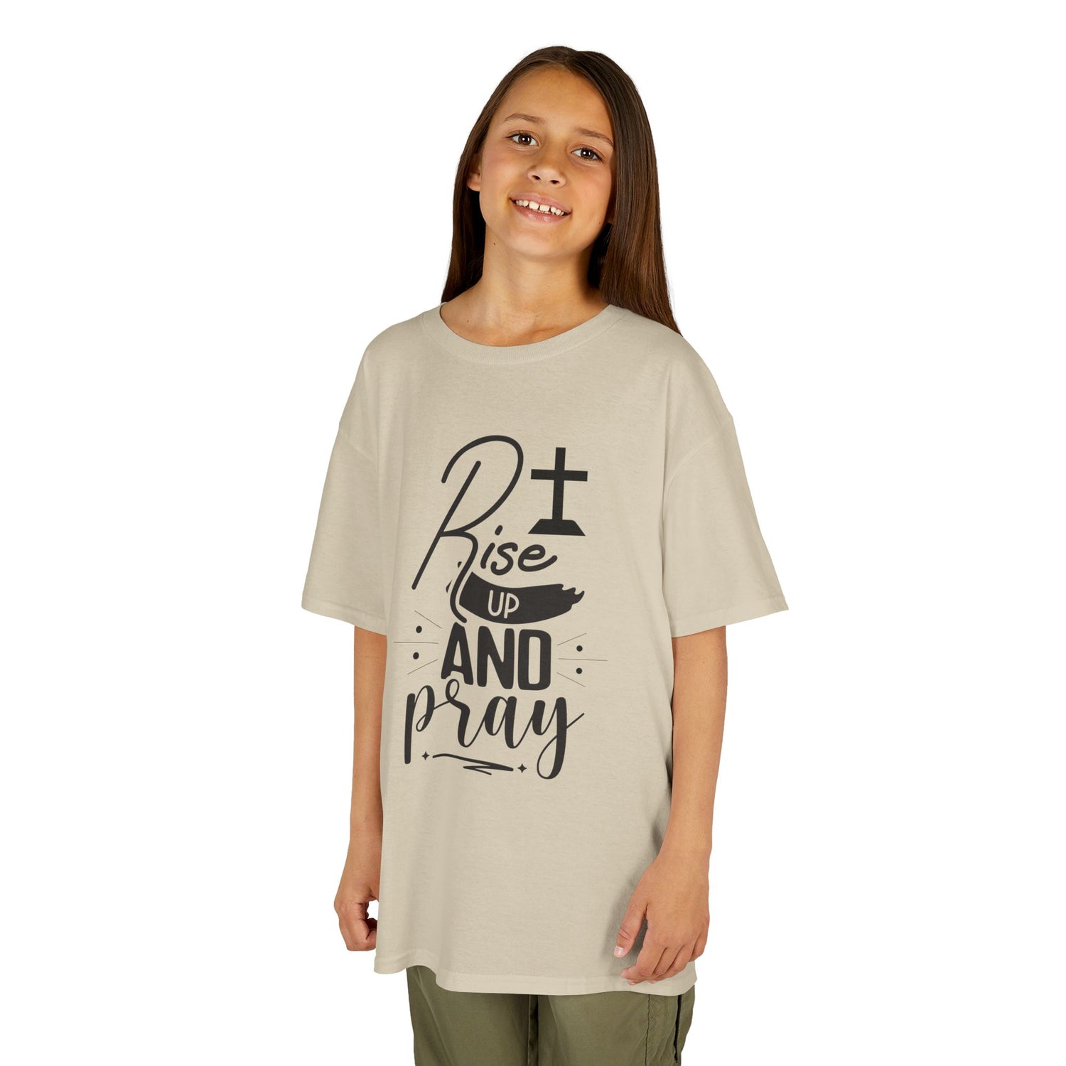 Kids Tee — "Rise Up and Pray" Christian Prayer Shirt with BGSM Back Logo