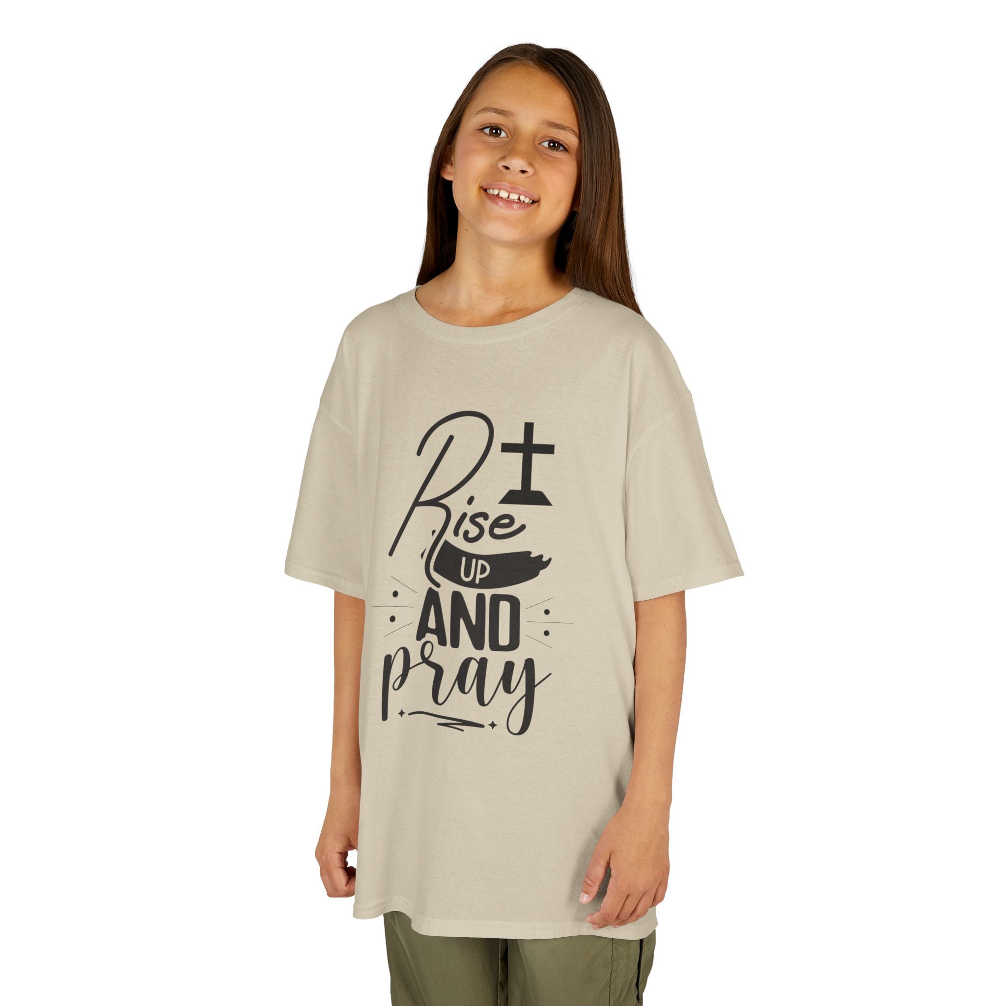 Kids Tee — "Rise Up and Pray" Christian Prayer Shirt with BGSM Back Logo