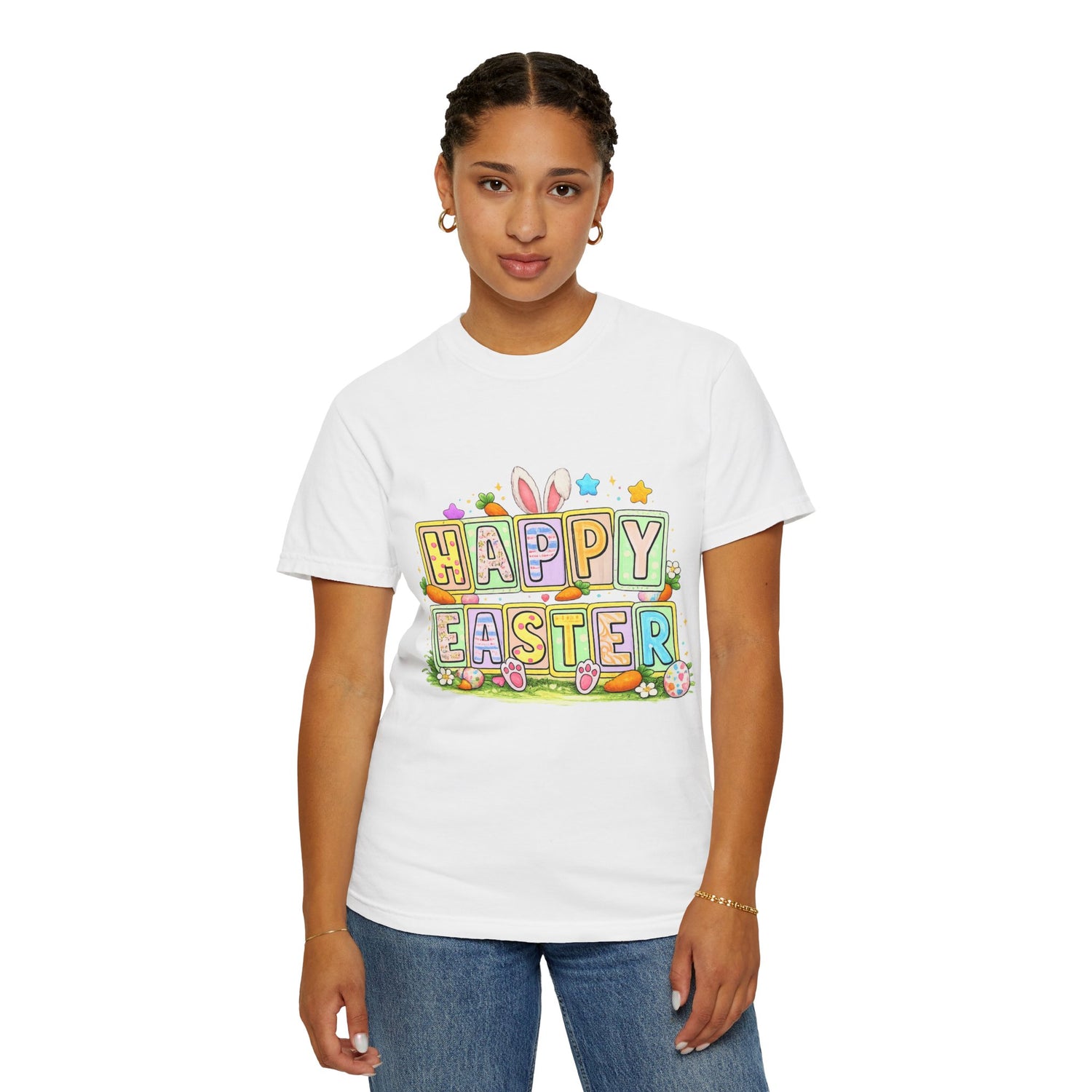 Easter Block Letter T-Shirt — "Happy Easter" Pastel Bunny &amp; Egg Graphic