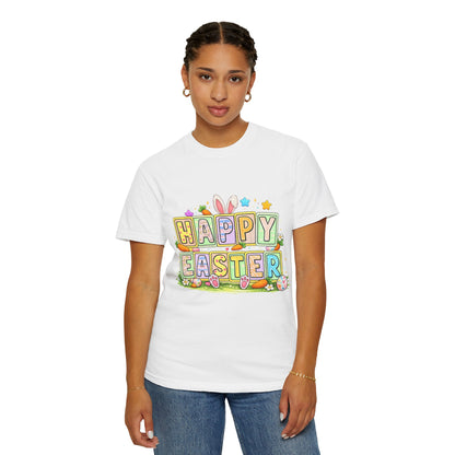 Easter Block Letter T-Shirt — "Happy Easter" Pastel Bunny &amp; Egg Graphic