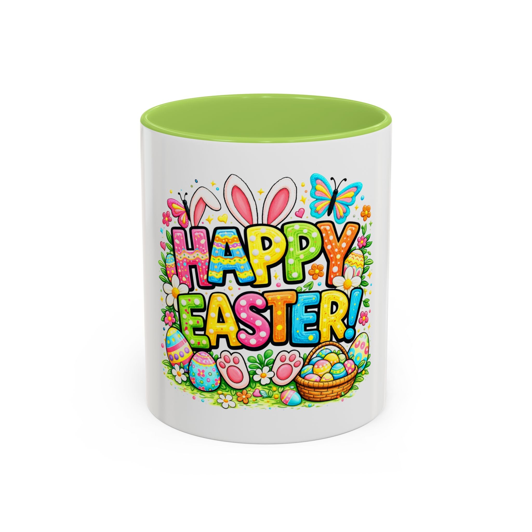 BGSM Easter Coffee Mug — Colorful "Happy Easter" Bunny &amp; Eggs Accent Mug (11/15oz)