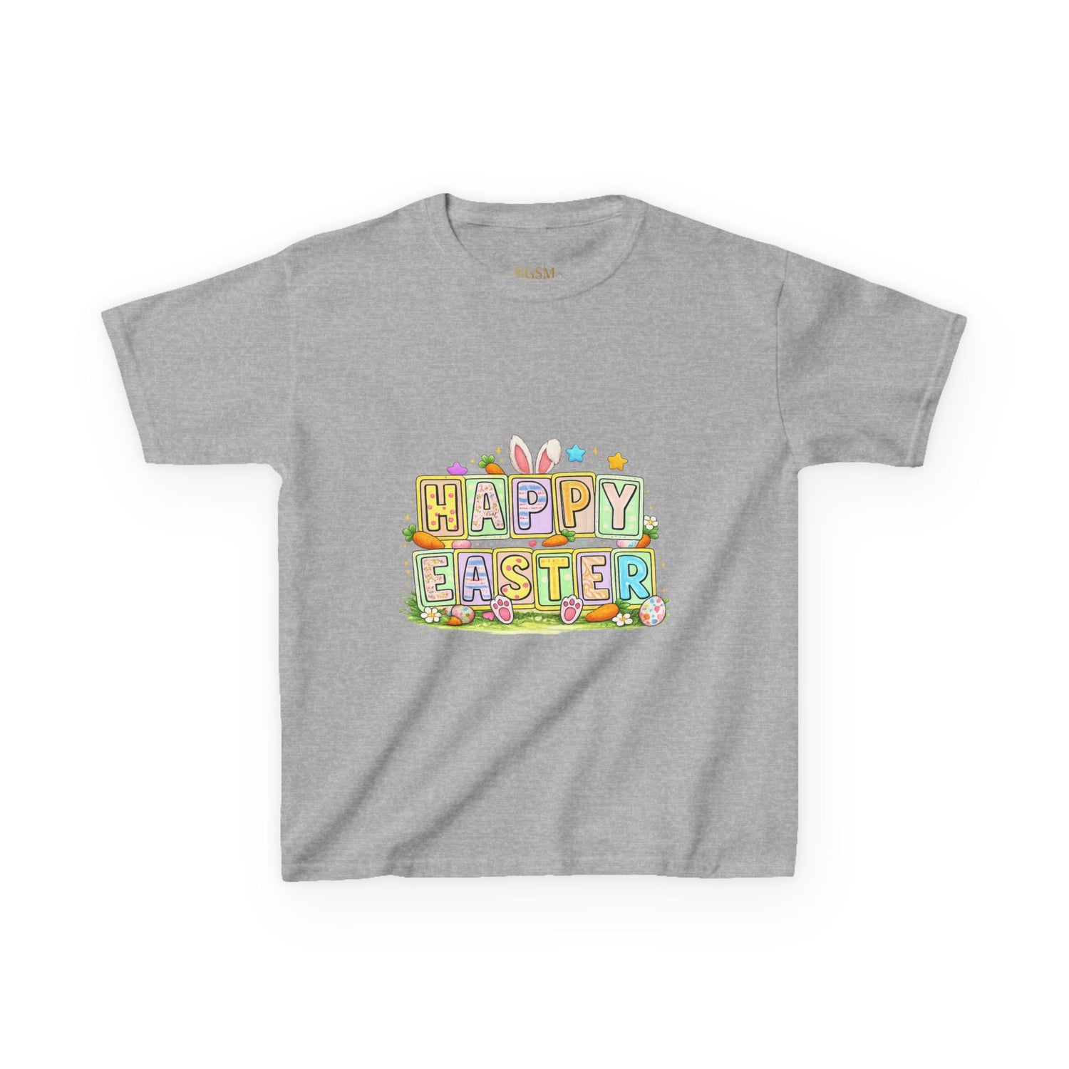 BGSM Kids T-Shirt - "Happy Easter" Colorful Block Letters Tee (Back BGSM Watercolor Accent)