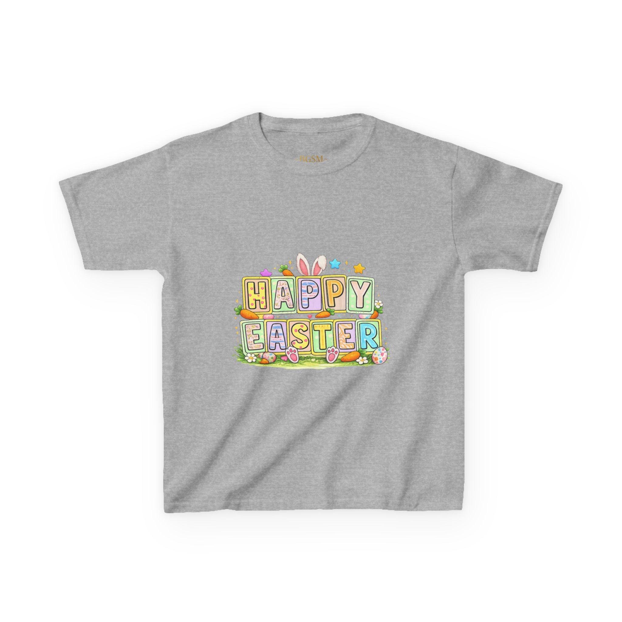BGSM Kids T-Shirt - "Happy Easter" Colorful Block Letters Tee (Back BGSM Watercolor Accent)