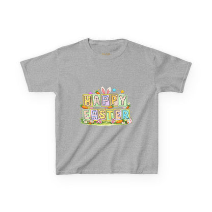 BGSM Kids T-Shirt - "Happy Easter" Colorful Block Letters Tee (Back BGSM Watercolor Accent)