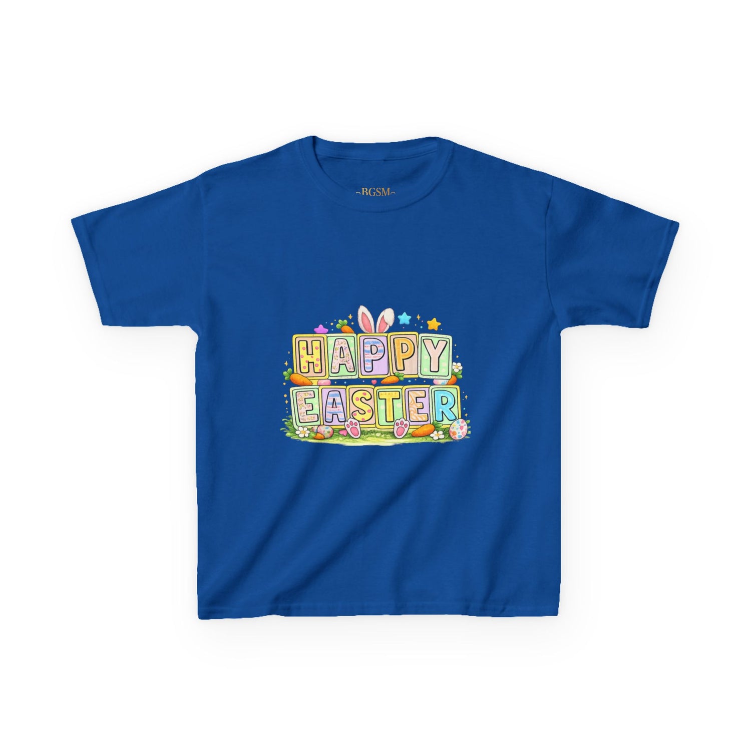 BGSM Kids T-Shirt - "Happy Easter" Colorful Block Letters Tee (Back BGSM Watercolor Accent)