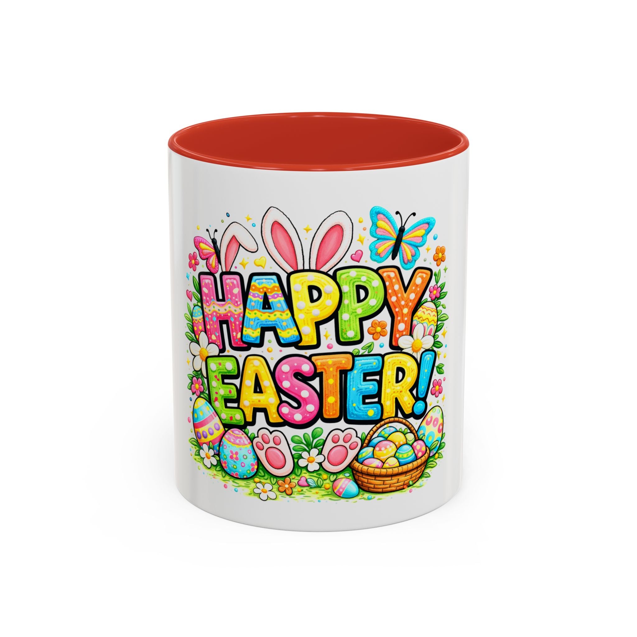 BGSM Happy Easter Coffee Mug - Colorful Bunny &amp; Egg Basket Accent Mug (11/15oz)