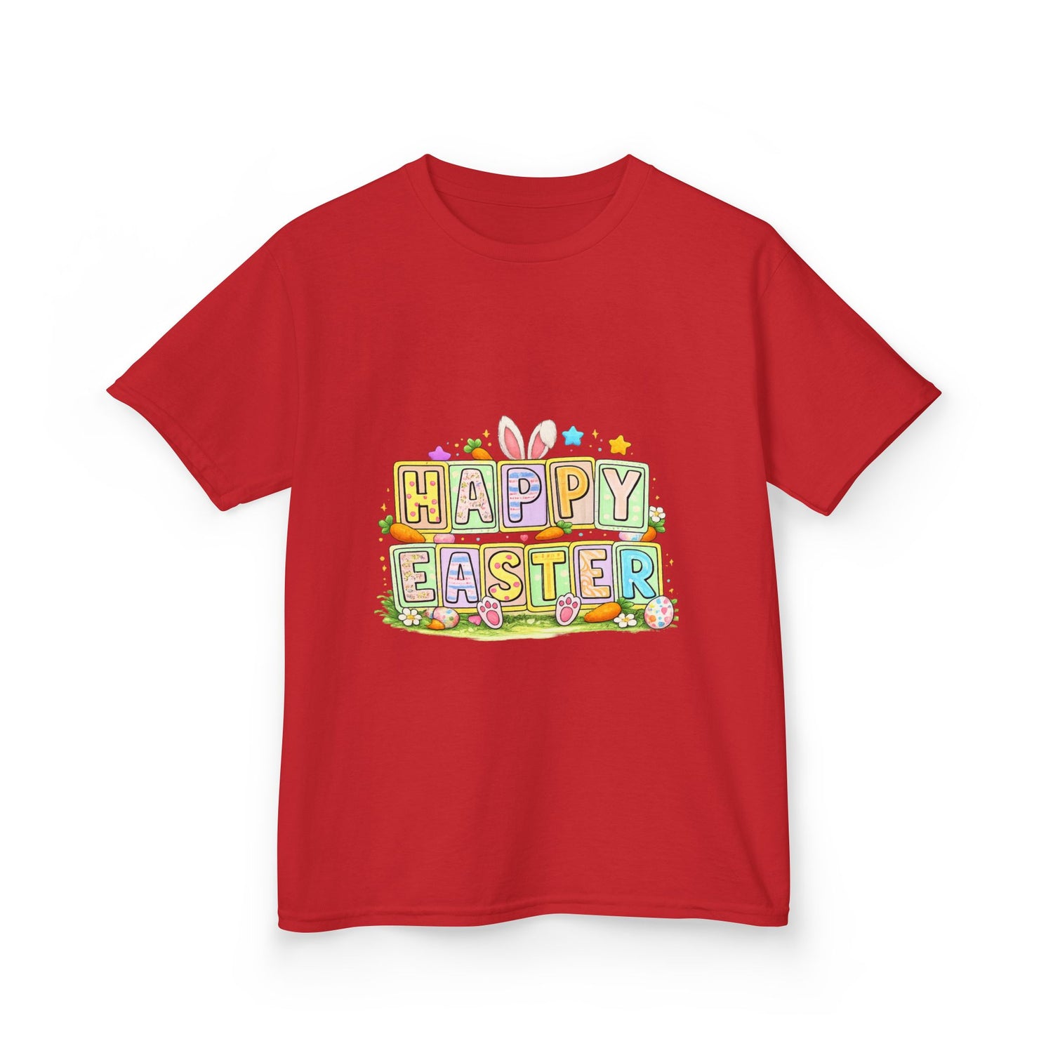 BGSM Kids T-Shirt - "Happy Easter" Colorful Block Letters Tee (Back BGSM Watercolor Accent)