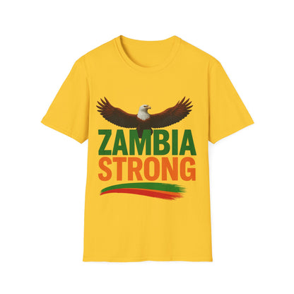 Zambia Strong T-Shirt — Patriotic Eagle with Green &amp; Orange Brushstroke