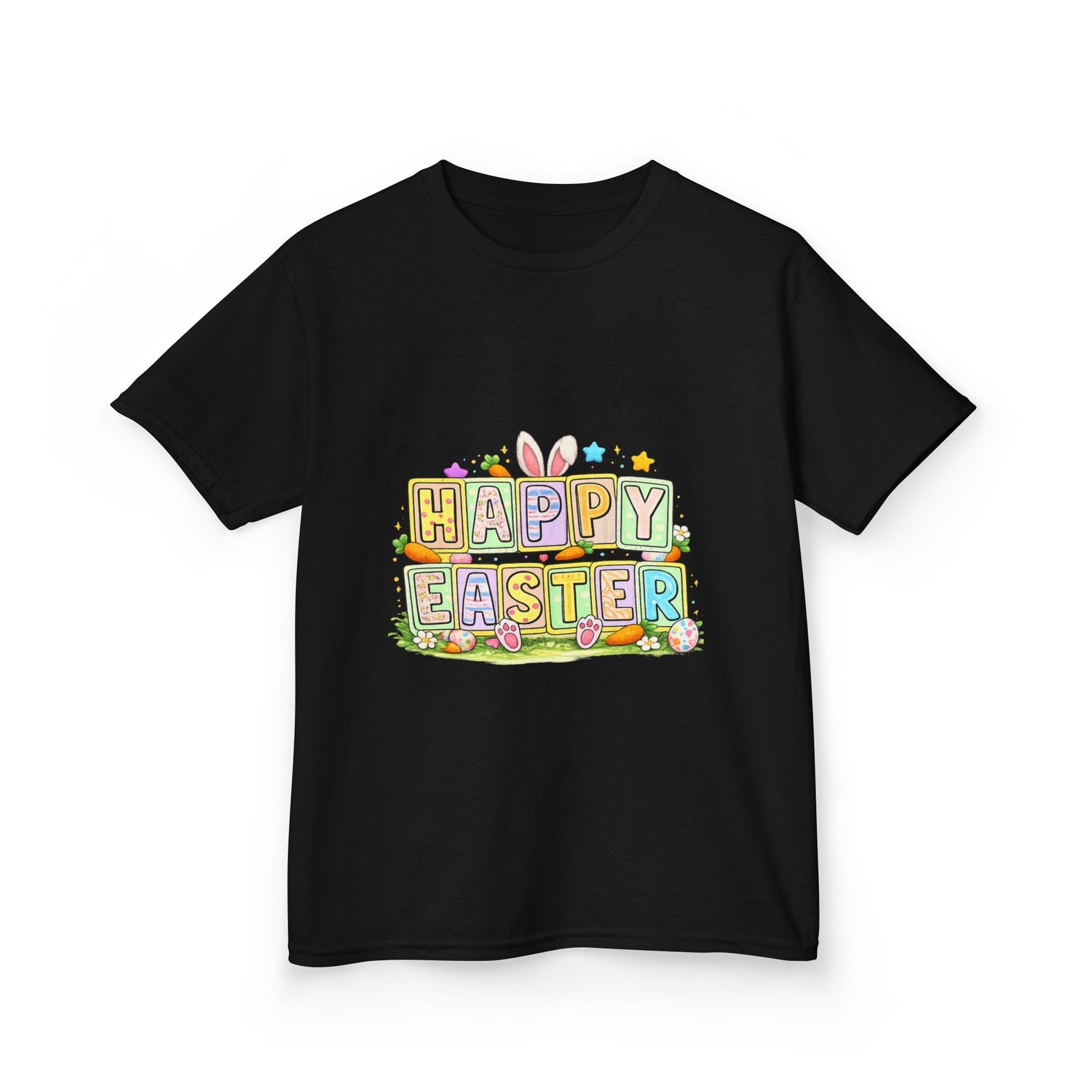 BGSM Kids T-Shirt - "Happy Easter" Colorful Block Letters Tee (Back BGSM Watercolor Accent)