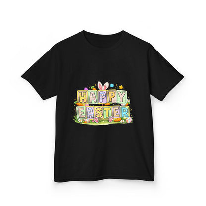 BGSM Kids T-Shirt - "Happy Easter" Colorful Block Letters Tee (Back BGSM Watercolor Accent)