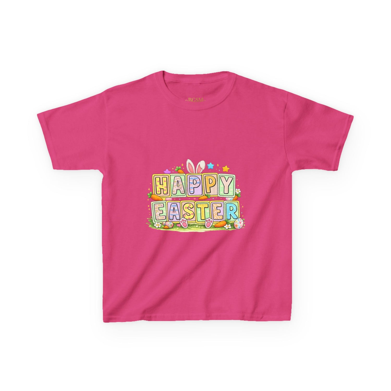 BGSM Kids T-Shirt - "Happy Easter" Colorful Block Letters Tee (Back BGSM Watercolor Accent)