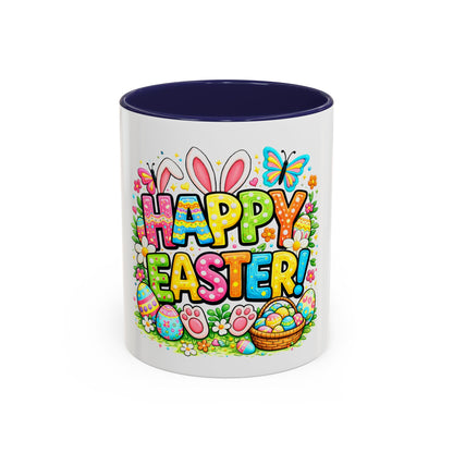 BGSM Happy Easter Coffee Mug - Colorful Bunny &amp; Egg Basket Accent Mug (11/15oz)