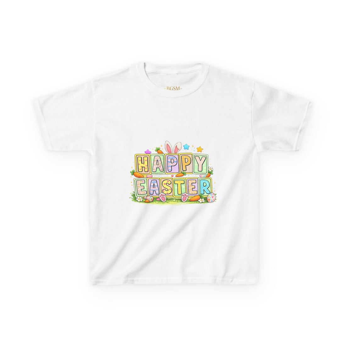 BGSM Kids T-Shirt - "Happy Easter" Colorful Block Letters Tee (Back BGSM Watercolor Accent)