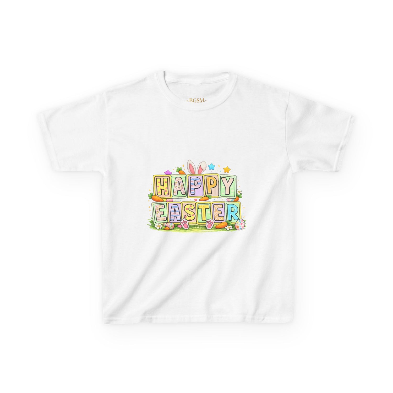 BGSM Kids T-Shirt - "Happy Easter" Colorful Block Letters Tee (Back BGSM Watercolor Accent)