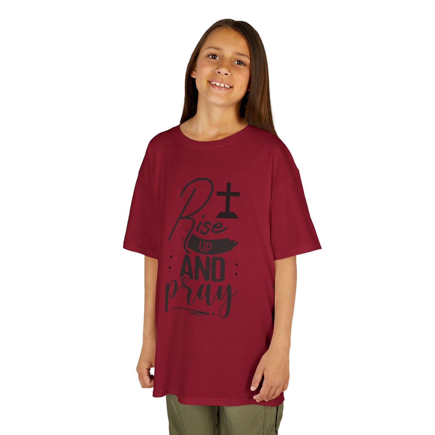 Kids Tee — "Rise Up and Pray" Christian Prayer Shirt with BGSM Back Logo