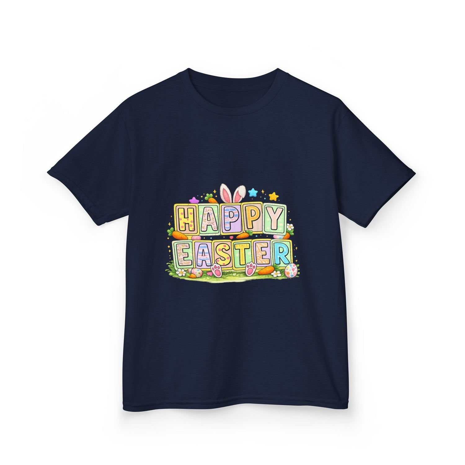 BGSM Kids T-Shirt - "Happy Easter" Colorful Block Letters Tee (Back BGSM Watercolor Accent)