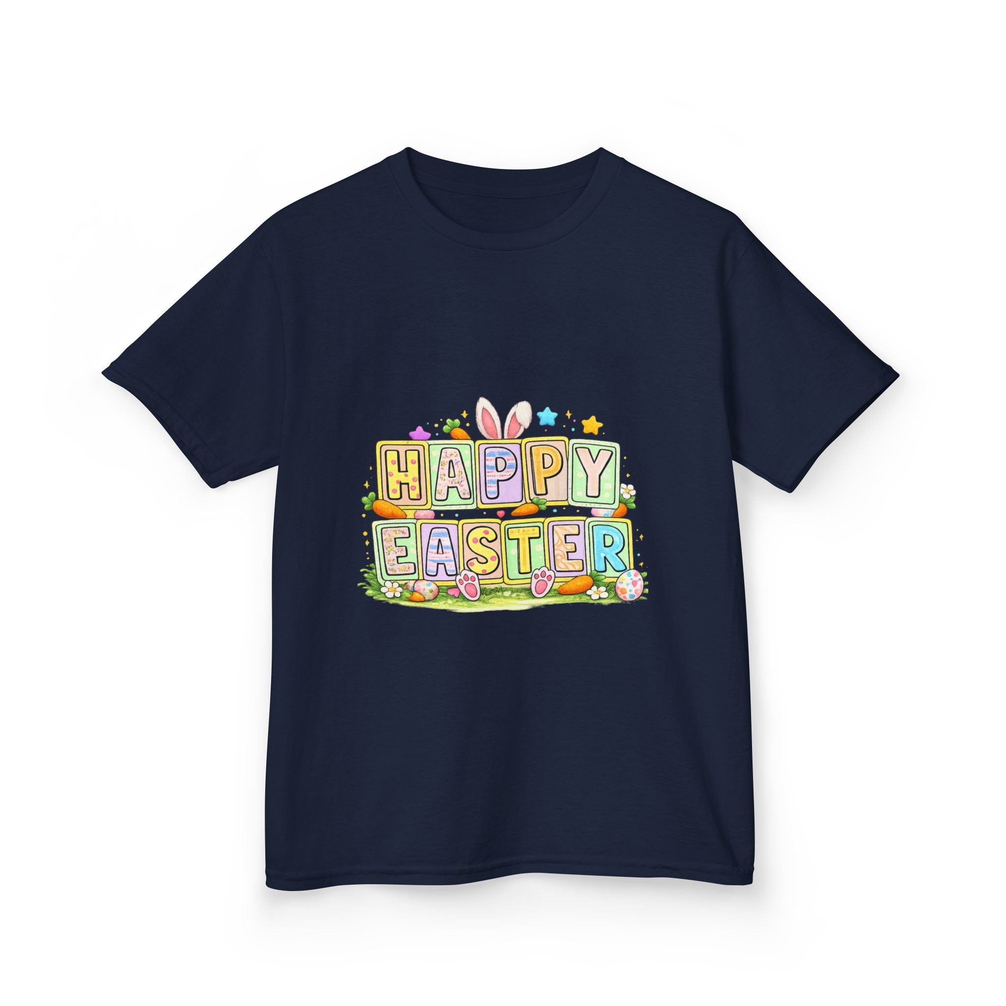 BGSM Kids T-Shirt - "Happy Easter" Colorful Block Letters Tee (Back BGSM Watercolor Accent)
