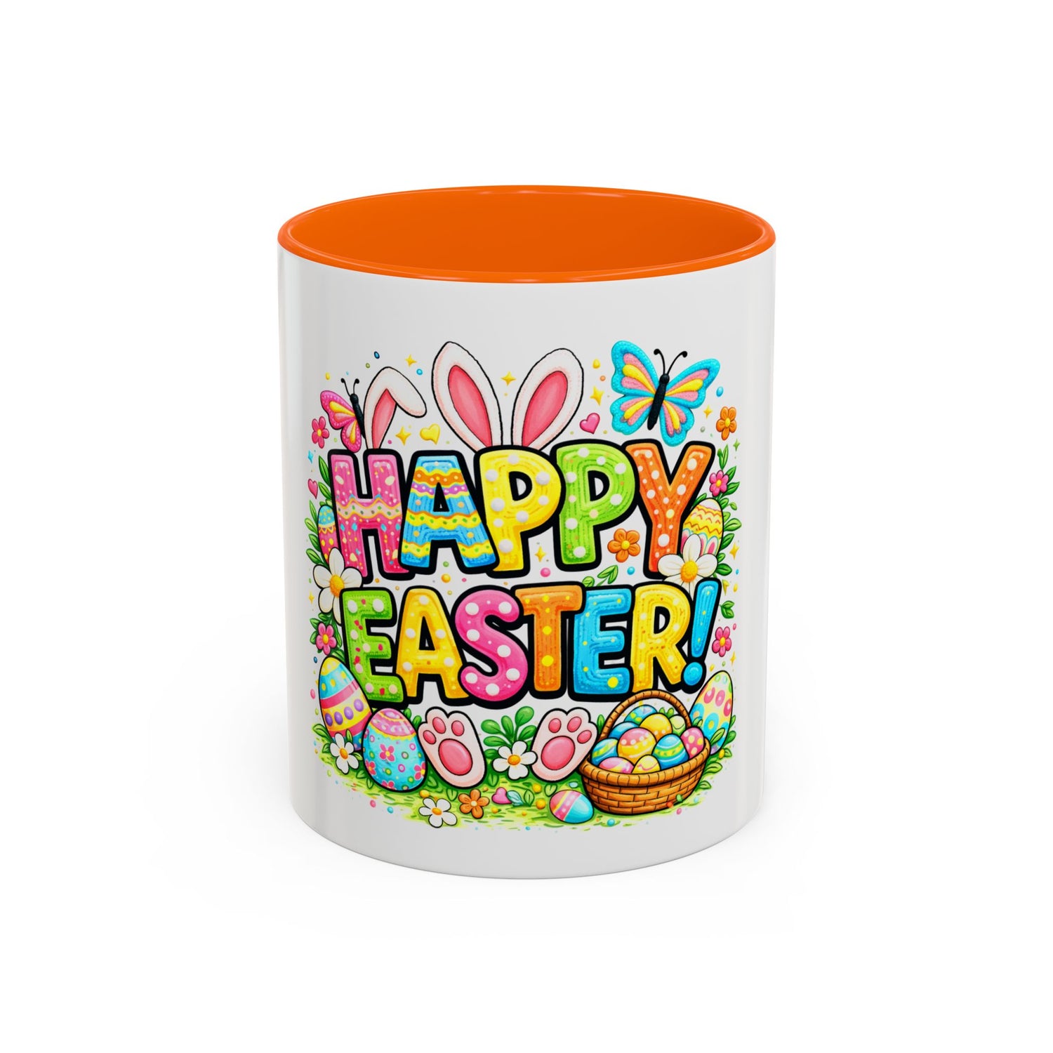 BGSM Happy Easter Coffee Mug - Colorful Bunny &amp; Egg Basket Accent Mug (11/15oz)