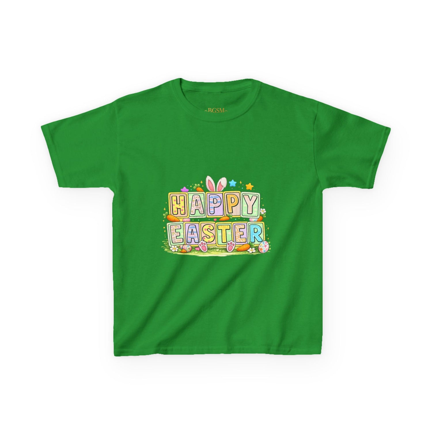 BGSM Kids T-Shirt - "Happy Easter" Colorful Block Letters Tee (Back BGSM Watercolor Accent)