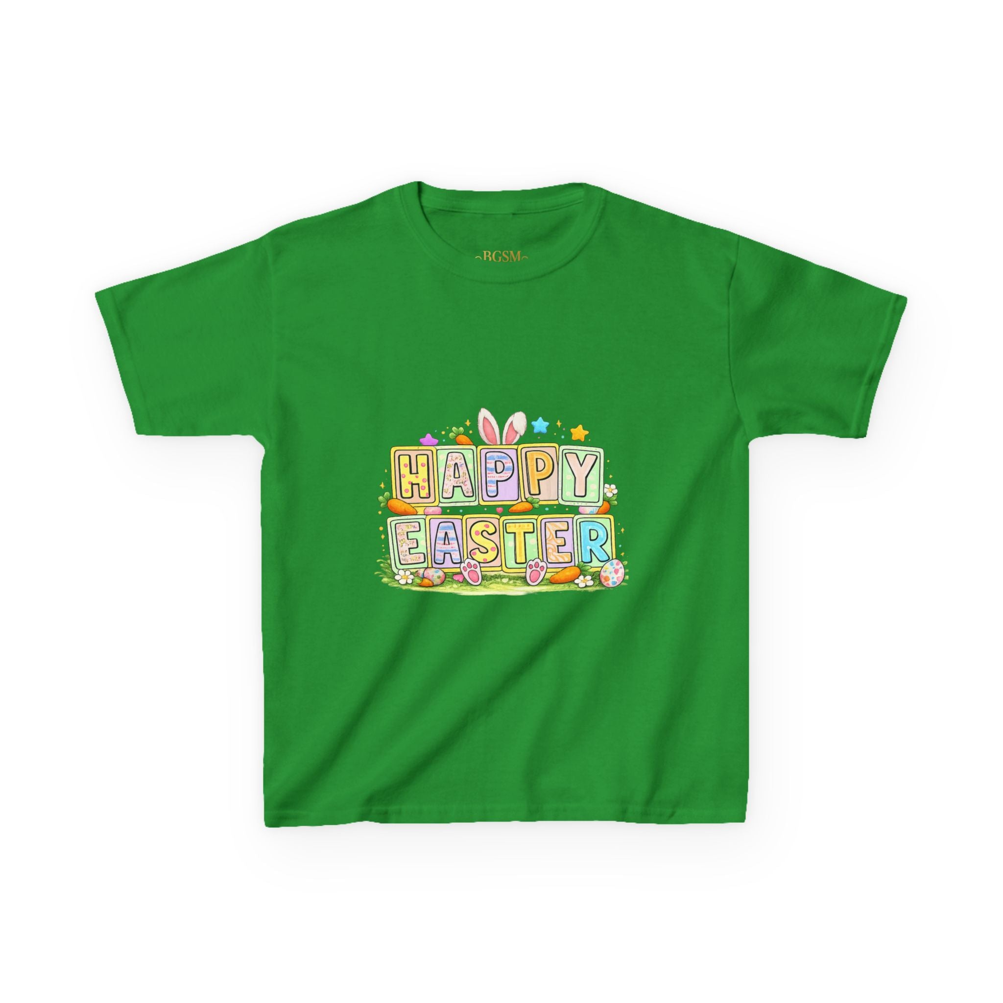 BGSM Kids T-Shirt - "Happy Easter" Colorful Block Letters Tee (Back BGSM Watercolor Accent)