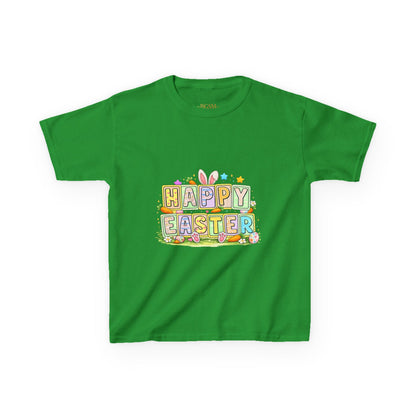 BGSM Kids T-Shirt - "Happy Easter" Colorful Block Letters Tee (Back BGSM Watercolor Accent)
