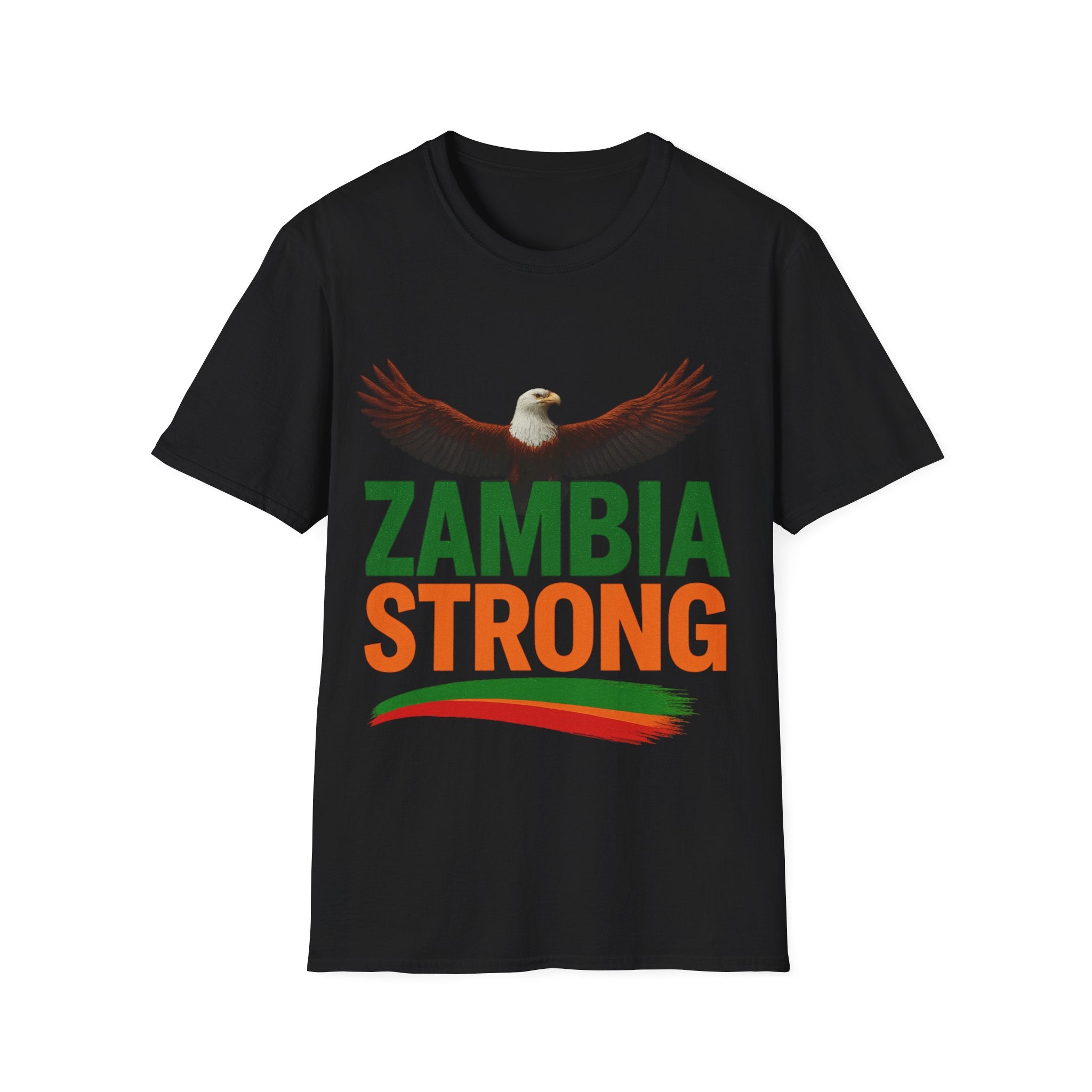Zambia Strong T-Shirt — Patriotic Eagle with Green &amp; Orange Brushstroke