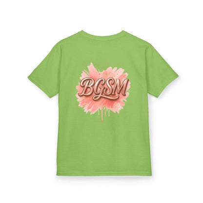 BGSM Kids T-Shirt - "Happy Easter" Colorful Block Letters Tee (Back BGSM Watercolor Accent)