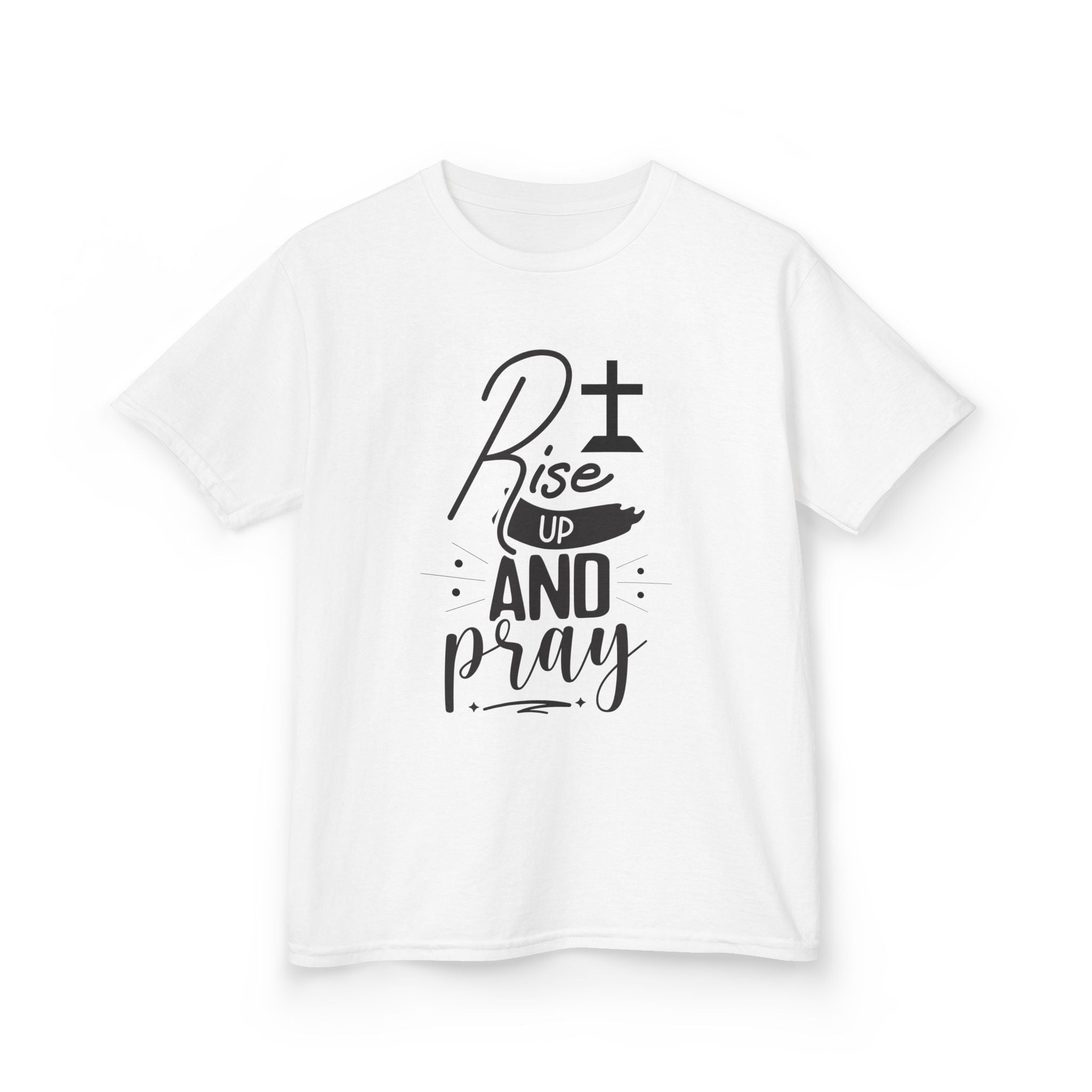 Kids Tee — "Rise Up and Pray" Christian Prayer Shirt with BGSM Back Logo