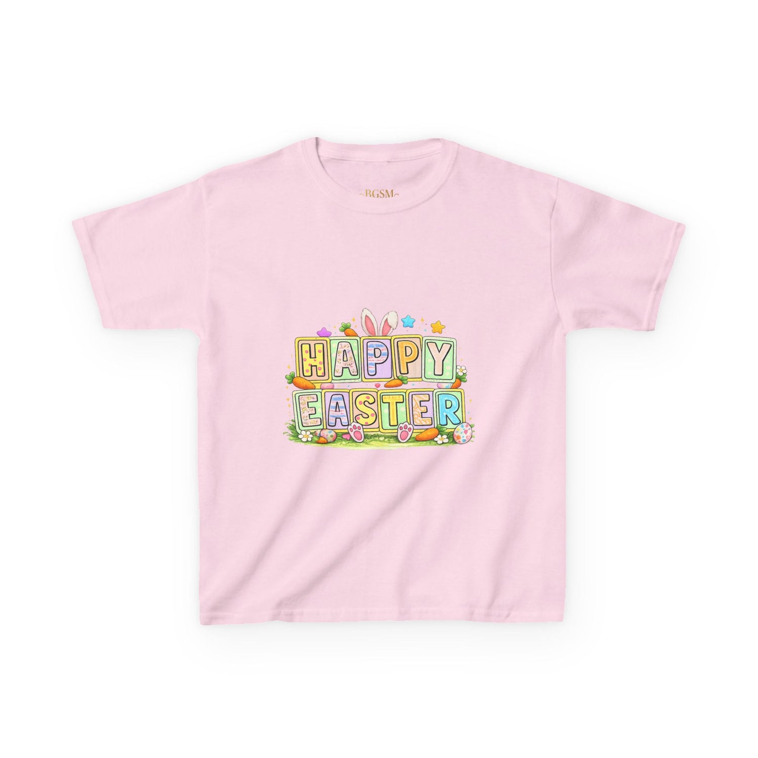 BGSM Kids T-Shirt - "Happy Easter" Colorful Block Letters Tee (Back BGSM Watercolor Accent)