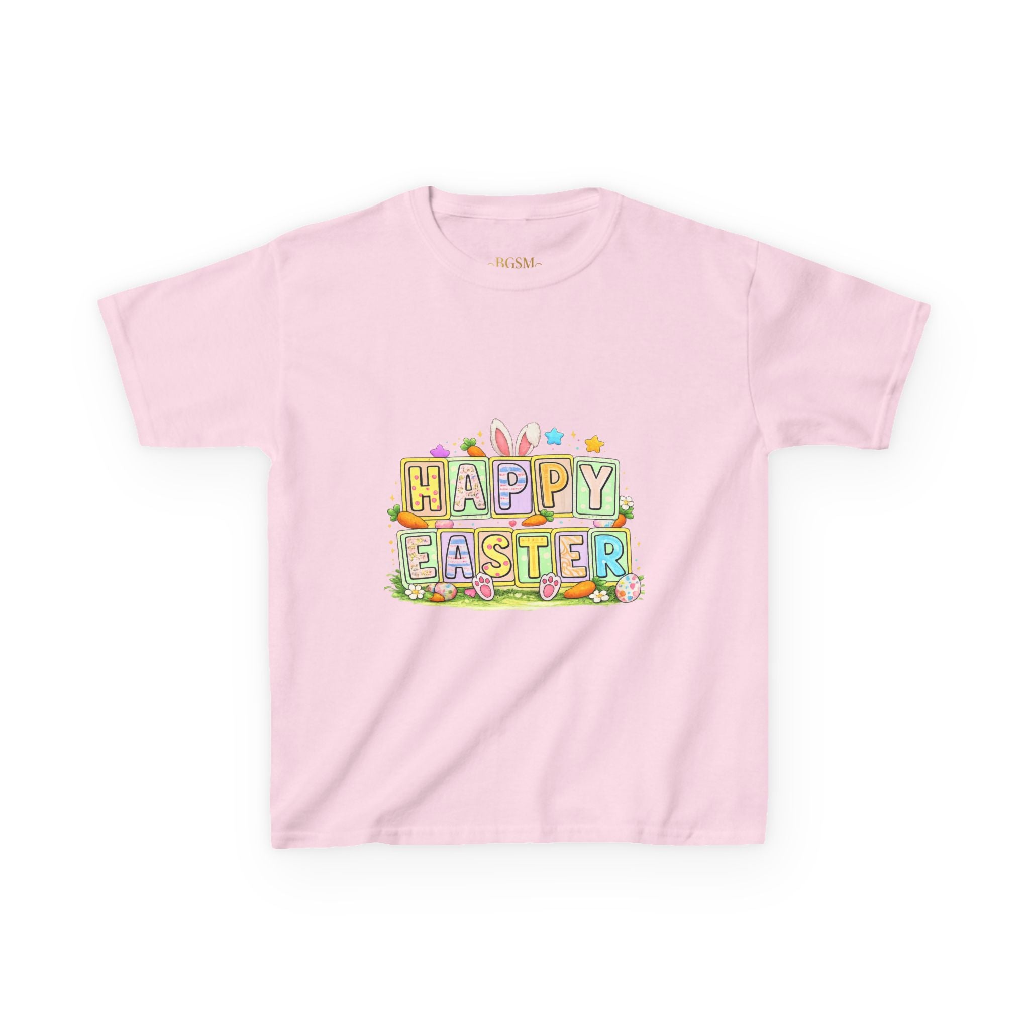 BGSM Kids T-Shirt - "Happy Easter" Colorful Block Letters Tee (Back BGSM Watercolor Accent)