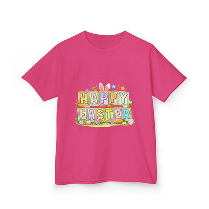 BGSM Kids T-Shirt - "Happy Easter" Colorful Block Letters Tee (Back BGSM Watercolor Accent)
