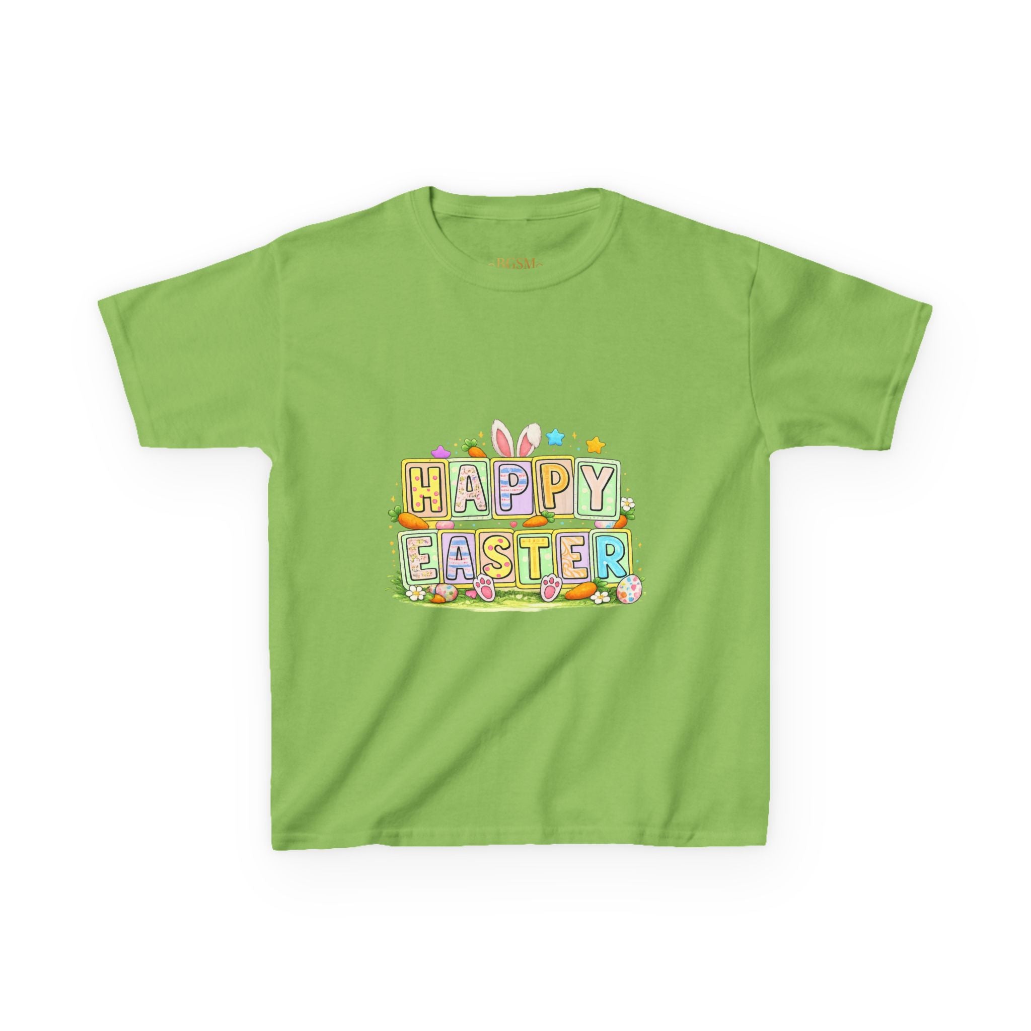 BGSM Kids T-Shirt - "Happy Easter" Colorful Block Letters Tee (Back BGSM Watercolor Accent)